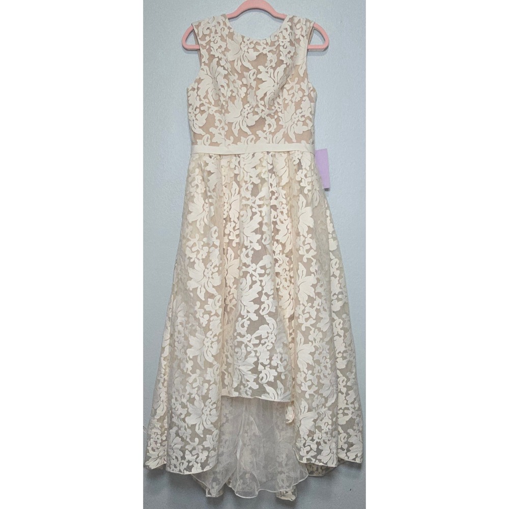 JS Collections Floral Lace High Low Gown Ivory Nude V-Back Dress 865385 Size 12